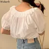 U-pescoço camiseta camisas mulheres shuff shaff lace bandagem elegante blusas meninas cute doce blusa branco coreano verão bonito top 210519