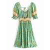 Retro bloemenprint elegante jurk vrouwen ruches strikje vintage mini bladerdeeg korte mouw boho geplooid vestidos 210515