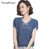 Beading Hollow Out Lace Short Sleeve Women Pullover Ladies Summer 2021 Striped Knitted Tshirts Feminine Sexy Fashion Bow Sweater X0721