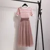 Doux rose deux élégante vague rayé tricoté pull haut + maille plissée jupes longues costumes été 2 pièces ensemble tenues 210416