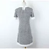 LLZACOOSH Luxury Designer Brand Summer Dress Women O Neck Houndstooth Hepburn Short Sleeve Single breasted Pocket Knitted Dress 210514