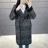 Fashion Korean Style Long Wool Coat Women Streetwear Plaid Plus Size Outwear Autumn Ladies Turndown Collar Woolen Coats 210525