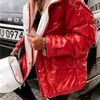 冬の光沢のあるフード付きコート女性長袖ジッパーカジュアルストリートスタイル爆撃機のジャケット厚い暖かいパーカーアウタープラスサイズ210916