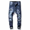 Męskie fajne rozdarcia Stretch designerskie dżinsy w trudnej sytuacji Ripped Biker Slim Fit myte motocyklowe Denim męskie hip-hopowe modne męskie spodnie T1019