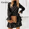 Casual Black Polka Dot Sukienka Elegancka Wzburzyć Krótkie Kobiety Kobiet Z Długim Rękawem Wiosna Jesień Vestido De Mujer Boho 210427