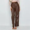 Europa Hoge Taille Clubwear PU Lederen Broek Zip Front Pockets Klassieke Pure Wide Benen Sexy Bruine Winter Dames Broek