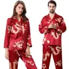 Шелковые женщины атласные палаты набор 2PCS Top рукав верхние брюки в китайском стиле года Dragon Print Lounge Pajamas PJS 210831