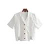 ベラ哲学は夏の白いクロップシャツのボタンノッチ付き襟綿ブラウスの女性のブラウスのブラウスシャツ