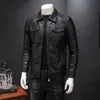 Svart faux läderjackor män mode affärer windbreaker vända ner krage multi-pocket casual smal passform biker kläder man 211111