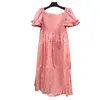 Vintage Tunic Ruched Dress For Women Square Collar Short Sleeve High Waist Midi Pink Female Summer Fashion 210531