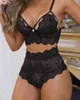 Kadınlar Seksi Tarak Trim Dantel Lingerie Set Lady Katı V Boyun Sutyen Set İki Adet Bedrowwear 210415