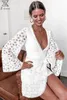 Women Dress V-neck Bandage Hollow Out Vintage Dresses Flare Sleeve Plus Size White Sexy Summer Fashion 210513