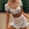 Foridol Vintage Ruffle Kvinnor Två Pieces Set Bohemian Shorts Crop Tops Matching Sets Byxor Passar Outfits för Kvinnor 210415