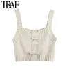 Women Sweet Fashion With Rhinestone Button Cropped Tank Tops Vintage Wide Straps Ribbed Trim Female Camis Chic Top 210507