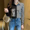 Long Sleeve Blouse Chic Tops Black Woman Blusa OL White Spring Autumn Striped Patchwork Diamonds Women Shirts Blouses 210507