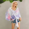 Kadın Batwing Kollu Bluzlar Tops Seksi Derin V Yaka Kravat-Boya Baskı Gevşek Rahat Bayanlar Kıyafetler Moda Giysileri Gömlek