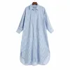 Vrouwen zomer lange blouses shirts tops mouw pocket gestreepte losse katoenen vrouwelijke mode straat vintage top tuniek blusas 210513