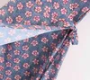 Rose Bleu Col V Manches Courtes Sash Robe Portefeuille Mini Été Empire Fleur Imprimé Floral D0668 210514