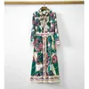 Tasarımcı Sonbahar Uzun Kollu Midi Elbise kadın Zarif Vintage Çiçek Baskılı Yay Yaka Parti Vestdios 210421