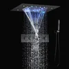 Oil Rubbed Bronze Thermostatic Rain Shower Faucet System 14 X 20 Inch LED Waterfall Rainfall Bathroom Mixer Set Body Sprayer Jet All Functions Can Work Together