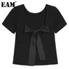 [EAM] T-shirt da donna nera casual breve con fiocco e schiena scoperta girocollo manica corta moda primavera estate 1DD8373 21512