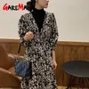 Elegant Dresses for Women Casual Korean Vintage Spring Long Sleeve V Neck Balck Midi Black Dress 210428