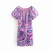Women Sweet Stylish Floral Printed Ruffles Draped Mini Dress Vintage Sexy Hollow Out Back Buttons Zipper Female Dresses 210520