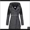 양모 블렌드 코트 여성 의류 의류 드롭 배달 2021 여성 겨울 두건 코트 가을 지퍼 슬림 겉옷 봄 패션 패치 워크