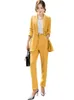 高品質の女性イエロースーツ秋のファッションプロのズボン大型スリムロングブレザー女性のツーピース210527