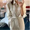 L Höst Långärmad Lapel Kvinnor Casual Jumpsuits High Waist Corduroy Rompers Overaller Solid Office Lady 210525