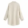 女性エレガントなファッションポケットロングリネンブラウスヴィンテージターンダウンカラーボタンアップカフシャツ女性シックトップス210520