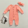 Baby Girls Rompers Sweet Style Solid Färg Singel-Breasted Långärmad Rundkrage Romper med Pocket + Headwear 2pcs Set