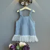 Flickor Casual Princess Dress, Blue Floral Pattern Square Collar Off-The-Shoulder One-Piece 2-7T Q0716