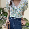 High Street Printed V-Neck Lace Girls Casual Mangas cortas Florales Sweet Basic OL Summer Gentle All Match Shirts 210525