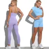Yoga Set Workout Seamless Women's Sportswear Gym Clothing Sports Suits Fitness Short Sleeve Crop Top High Waist Running Leggings 210802