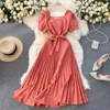 Vintage Square Collar Pleated Dress Women Spring Summer 2021 Ny Fashion Yellow / Blue / Red High Waist Bandage Party Vestidos Robe Y0603