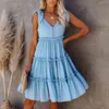 Ruffle a-line casual ärmlös blå sommarklänning för kvinnor knapp spets upp rem midi klänning sundress gul strand klänning 210415