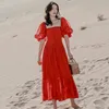 ローブエレガントなビーチドレス女性の夏の正方形のコローシングルブレストウエストショートパフスリーブミッドカーフドレス210510
