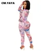 CM.yaya Jesień List Liść Druku Damskie Zestaw Bluzki Koszula Legging Spodnie Garnitur Active Wear Dressuit Two Piece Set Fitness Outfit 210709