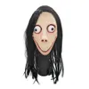 Rolig skrämmande Momo Hacking Game Cosplay Mask Vuxen Full Head Halloween Ghost Momo Latex Mask med peruker stora ögon och långa peruker Y09131304512