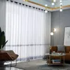 カーテンドレープモダンなミニマリストスタイルの幾何学模様の刺繍入りチュール半透明のカーテンビジッジブルーが付いている寝室
