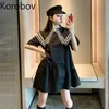 Korobov Ny chic sommar Vintage Kvinnor Klänning Söt Patchwork Peter Pan Collar Klänningar Koreansk Robe Femme 210430