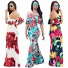 Kvinnor Floral Print Slash Neck Ruffles Sexiga Klänningar Strand Wear Boho Maxi Mermaid Korta Ärmar Mjuka Lång Klänning Beachwear Vestidos 210520