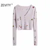 Zevity Women Fashion V Neck Flower Haft Cardigan Knitting sweter Panie Długie Rękaw Casual Swetry Chic Topy S402 210918