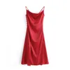 PUWD Vintage femme col en V soie Spaghetti sangle robe printemps élégant dames doux côté fente longues robes femme Chic robe 210524