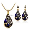 Oorbellen Ketting Sieraden Sets Retro Pauw Rhinestone Stud Oor Luxe Temperament Grote Water Drop Crystal Kettingen Dames Levering 2021