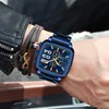 Men Square Dial Watch Reve a pulseira de aço de aço esportes de quartzo masculino luminoso à prova d'água Relogio Relogio Masculino Blue Whatches Wristwatches