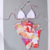 Sexig triangel micro bikini rosa tryck baddräkt 3 stycken mesh bikini set sträng halter badkläder kvinnor låg midja baddräkt 210604