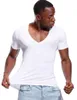 Deep V Neck T Shirt for Men Low Cut Vneck Wide Tee Male Tshirt Invisible Undershirt Model Scoop Hem Slim Fit Short Sleeve