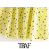 TRAF Women Chic Fashion Stampa floreale Mini abito pieghettato Vintage Maniche a sbuffo Vita elastica Abiti femminili Abiti 210415